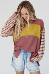 Red Colorblock Striped Bishop Sleeve Top