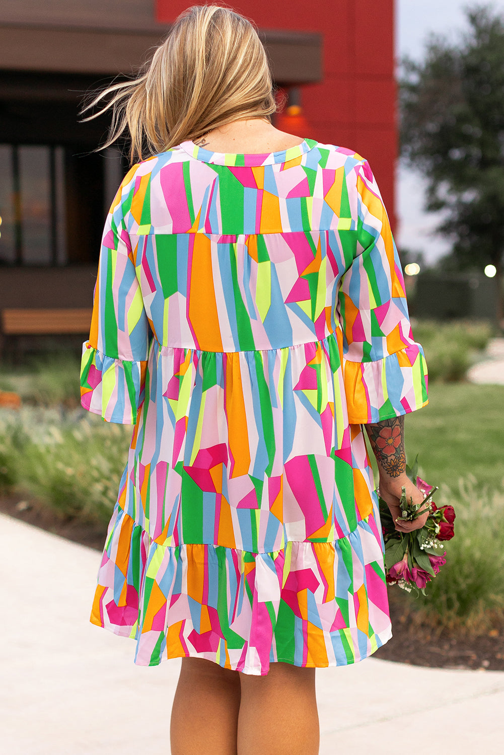 Multicolour Plus Size Vibrant Abstract Print Tiered Ruffled Mini Dress