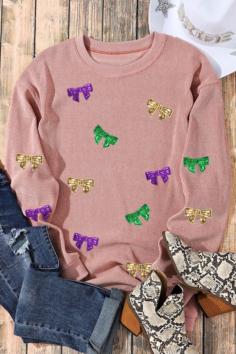 Pink Mardi Gras Sequin Bow Knot Drop Shoulder Corded Sweatshirt