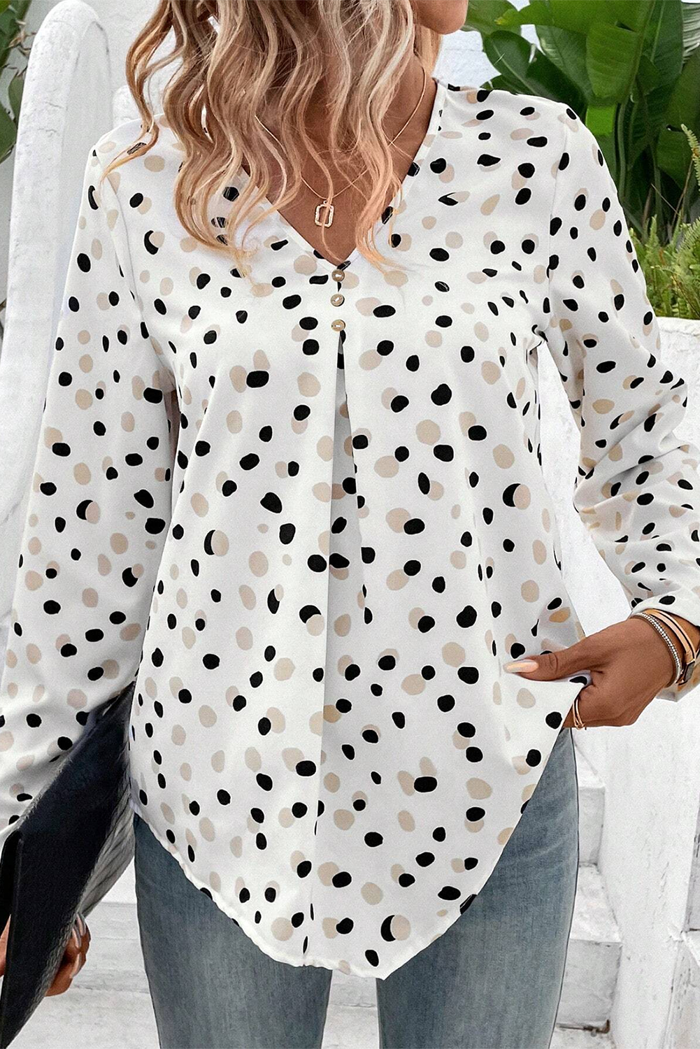 Polka Dot Print Button Front V Neck Blouse