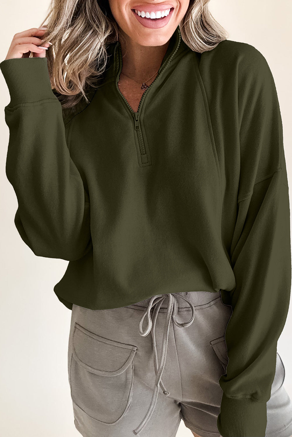 Zipped Neck Pullover Drop Shoulder Sweatshirt