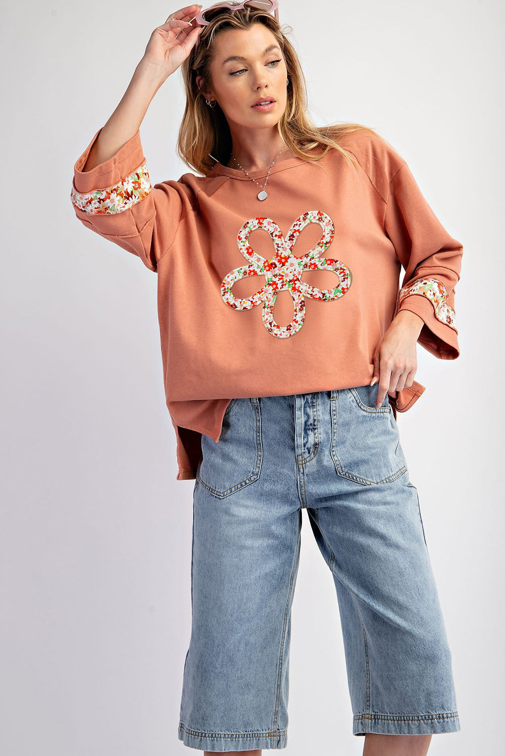 Flower Patch Graphic Exposed Seam Wide Sleeve Top