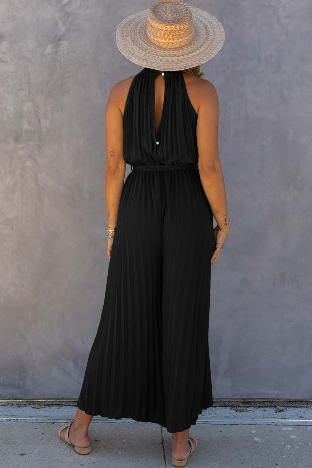 Women's Halter Neck Pleated Wide Leg Jumpsuit with Belt