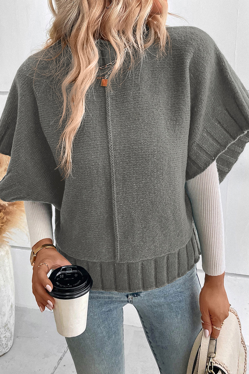 Mock Neck Batwing Short Sleeve Knit Sweater