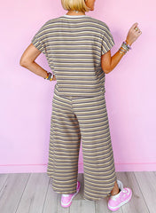 Striped Short Sleeve T-Shirt Wide Leg Pants Discussion Set