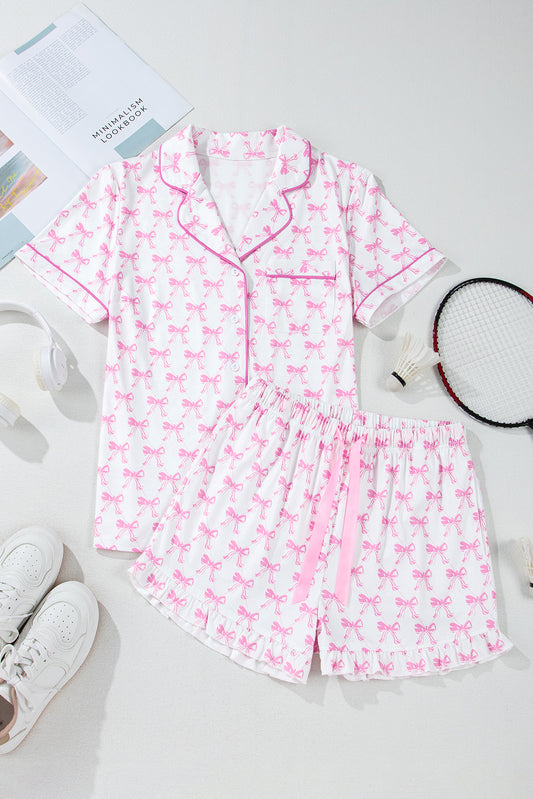 Bowknot Printed Short Sleeve and Ruffled Shorts Valentines Pajama Set