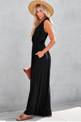 Women's Deep V Pleated Crisscross Wide Leg Backless Jumpsuit