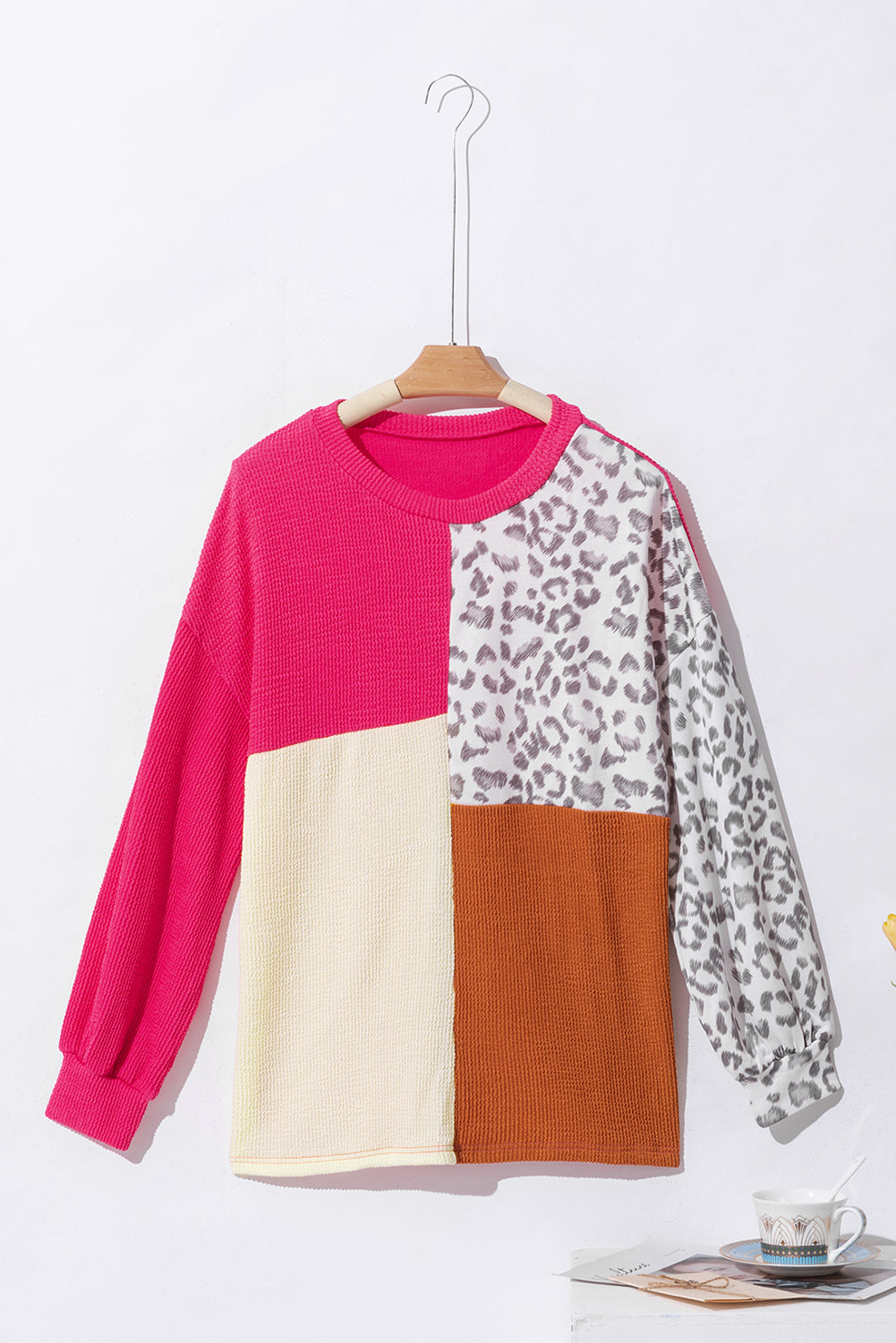 Rose Leopard Patchwork Color Block Ribbed Long Sleeve Top