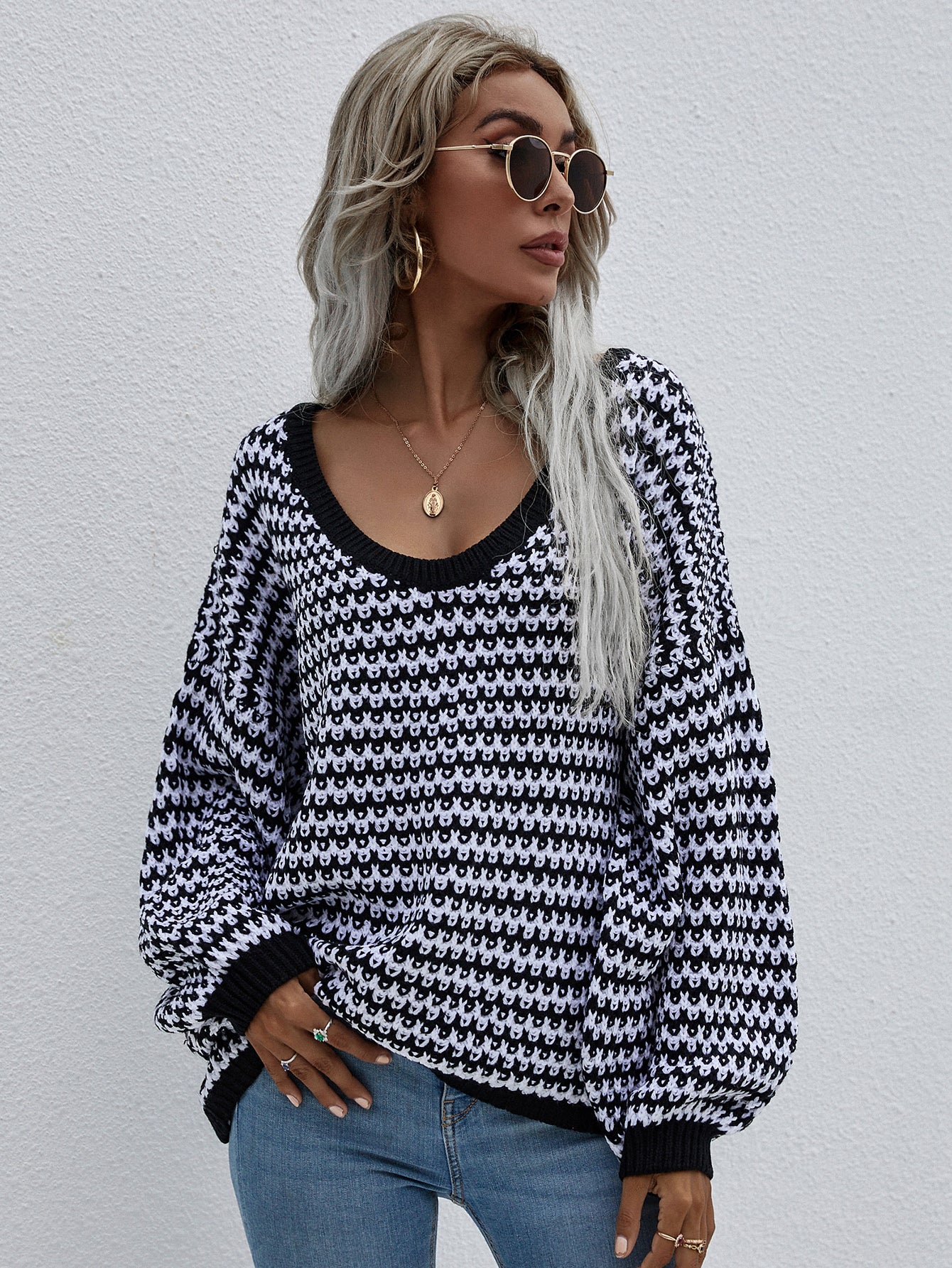 Stripes V-Neck Sleeve Knit Casual Tops Tunic Pullover Sweaters