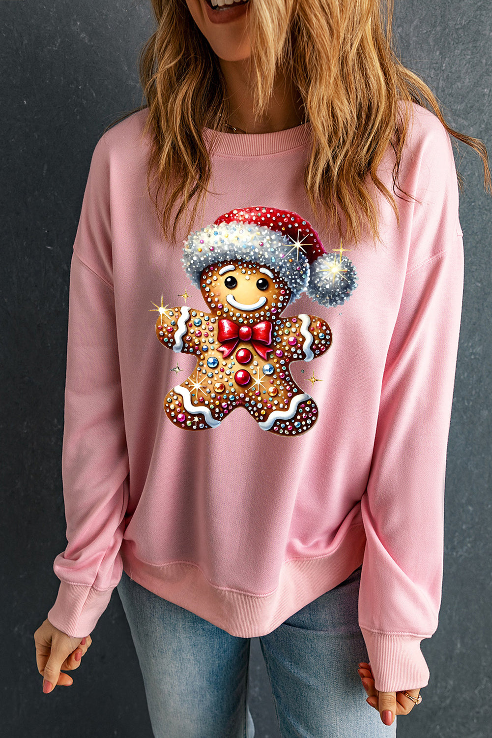 Santa Hat Bear Pattern Crew Neck Pullover Sweatshirt