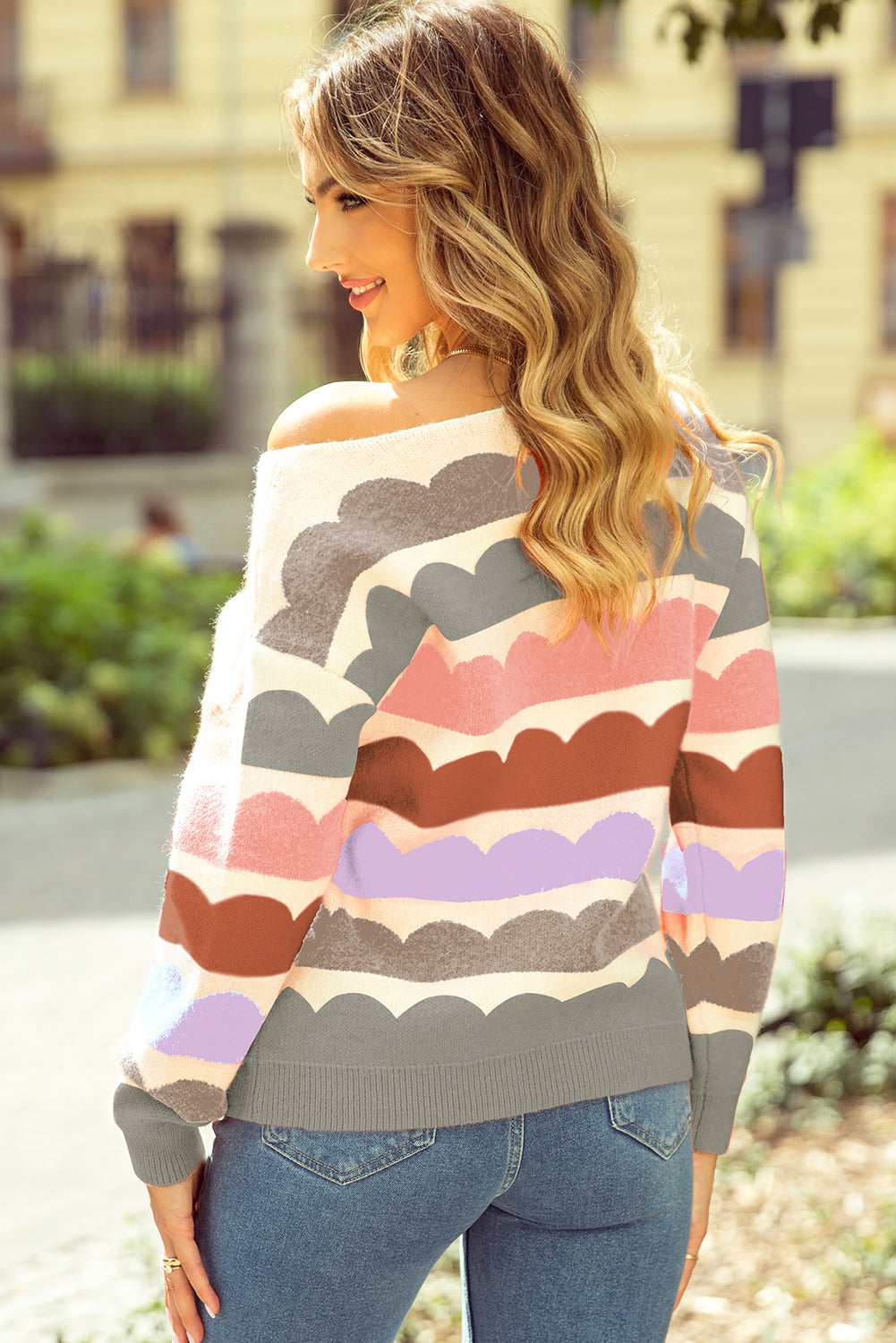 Women's Wave Striped Balloon Sleeve Drop Shoulder Sweater