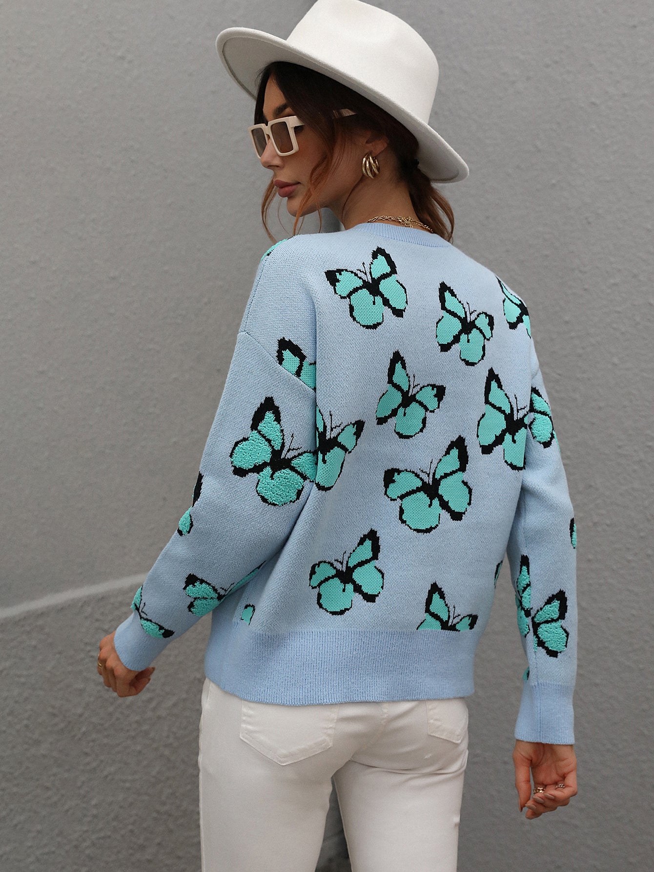 Casual Butterfly Printed Pullover Long Sleeves Knitted Tops