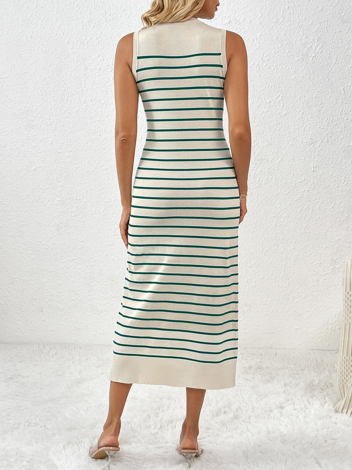 Sleeveless Striped Bodycon Dress Knitted Tank Sweater Dress