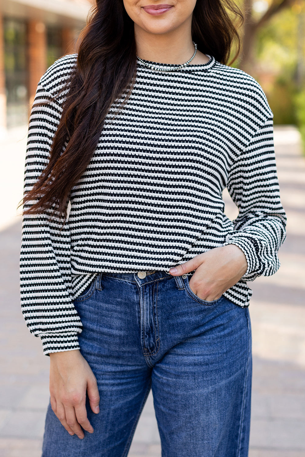 Stripe Round Neck Drop Shoulder Long Sleeve Top