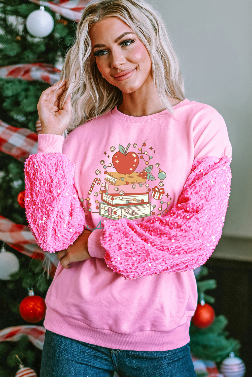 Christmas Sequin Apple Pattern Patchwork Sleeve Pink Pullover Shirt