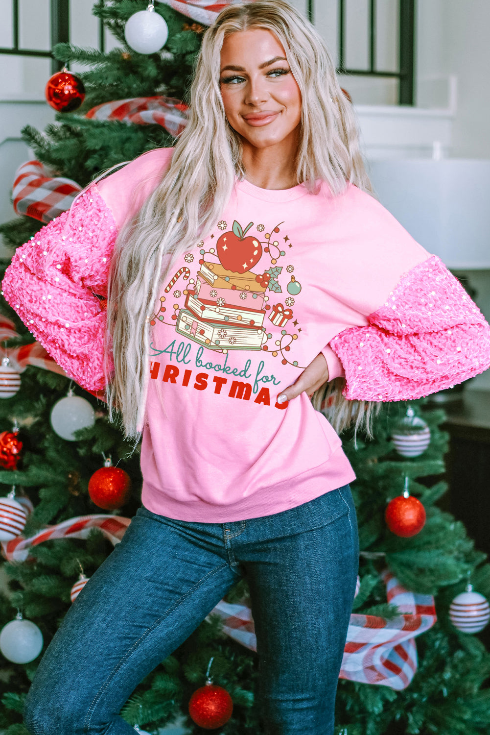 Christmas Sequin Apple Pattern Patchwork Sleeve Pink Pullover Shirt