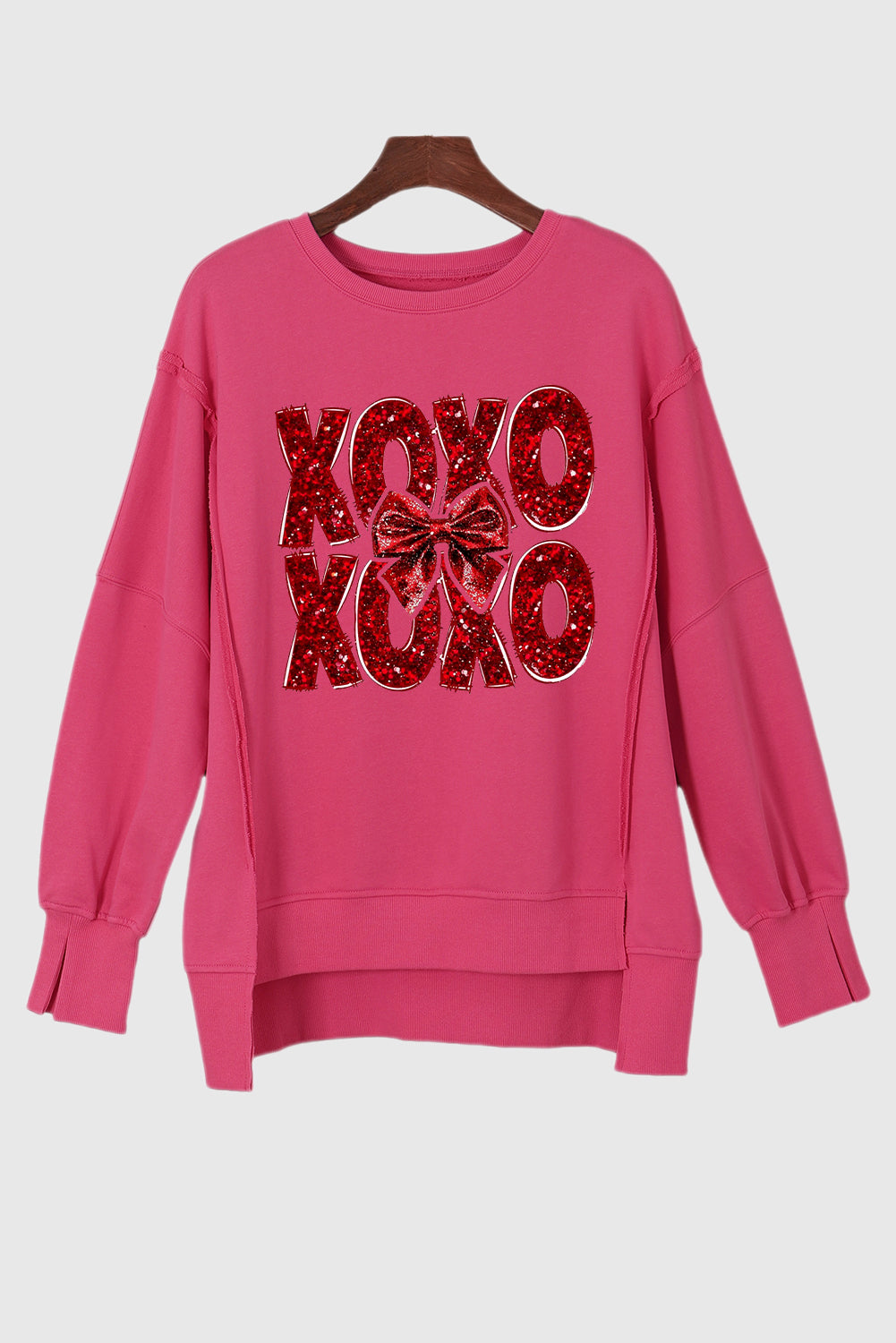 Valentine’s Day XOXO Bow Patchwork Drop Shoulder Sweatshirt