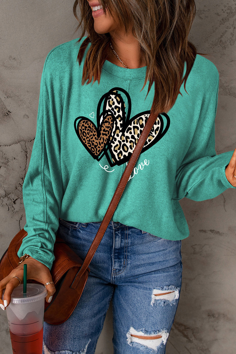 Valentine's Day Heart Leopard Print Patchwork Long Sleeve Knit Top