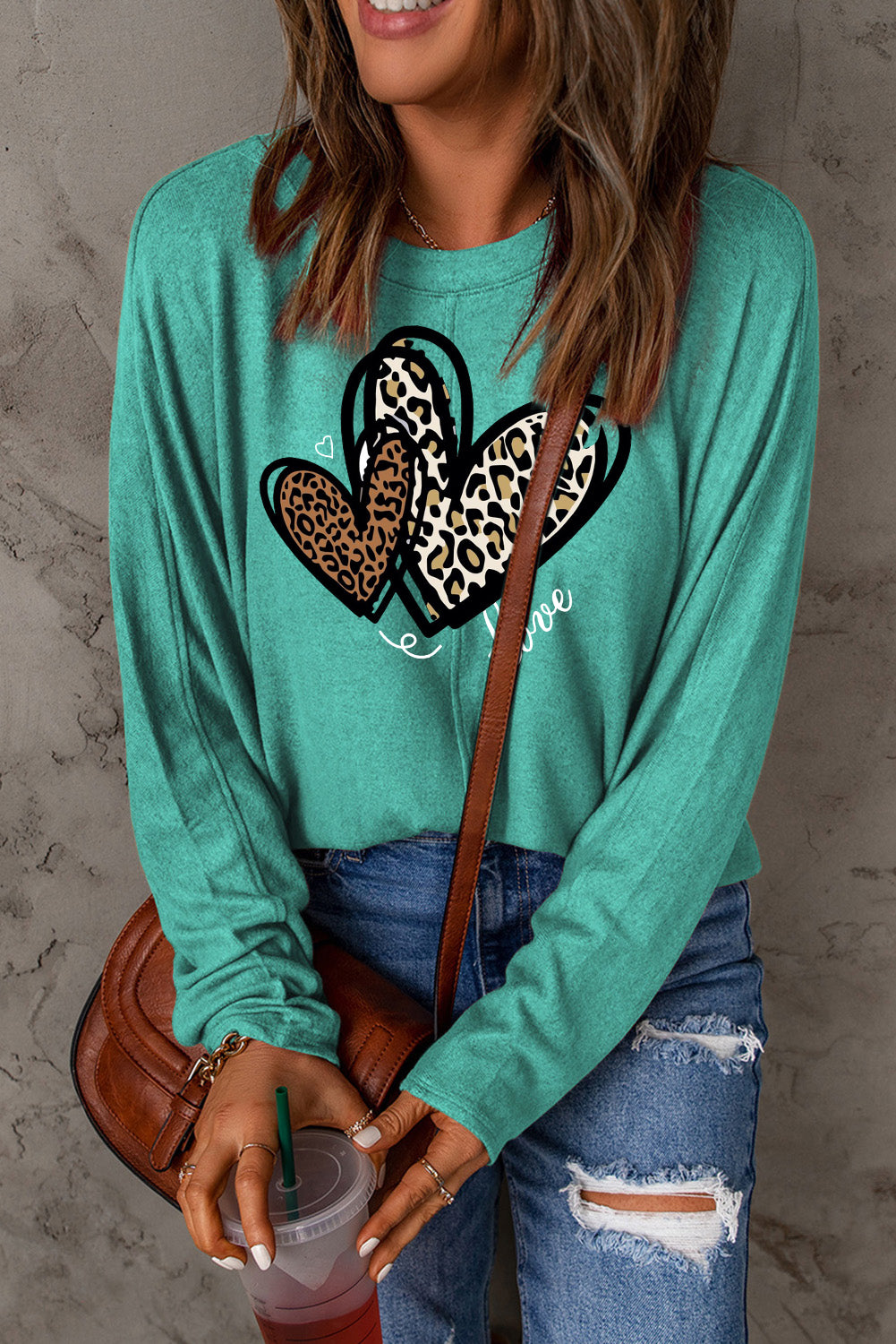 Valentine's Day Heart Leopard Print Patchwork Long Sleeve Knit Top