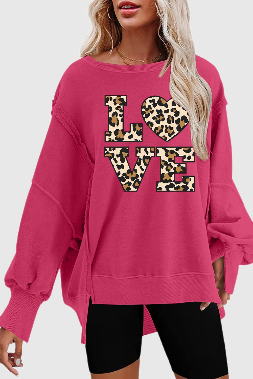 Date Night Heart Leopard Print Patchwork Drop Shoulder Sweatshirt