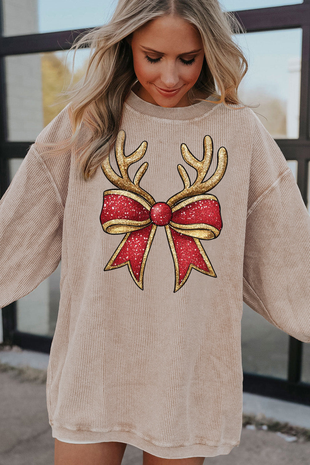 Christmas Round Neck Antler Bow Pattern Pullover Sweatshirt