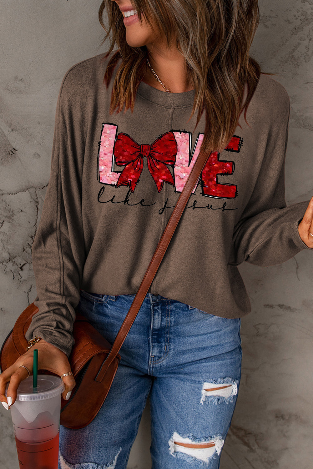 LOVE Valentine's Day Bow Patchwork Long Sleeve Knit Top