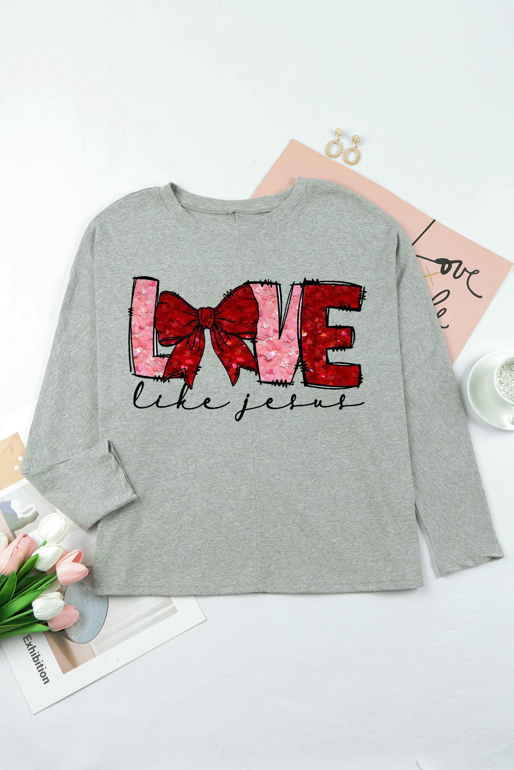 LOVE Valentine's Day Bow Patchwork Long Sleeve Knit Top