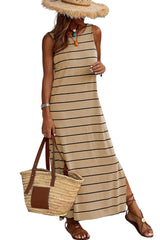 Brown Striped Sleeveless Wide Leg Jumpsuit