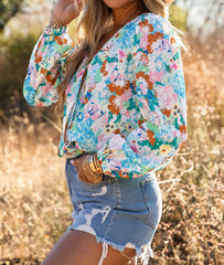 Sky Blue Floral Print Wrap Long Sleeve Bodysuit