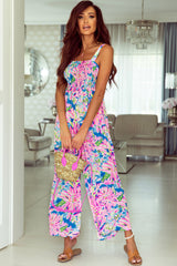 Pink Abstract Floral Painting Smocked Wide Leg Jumpsuit