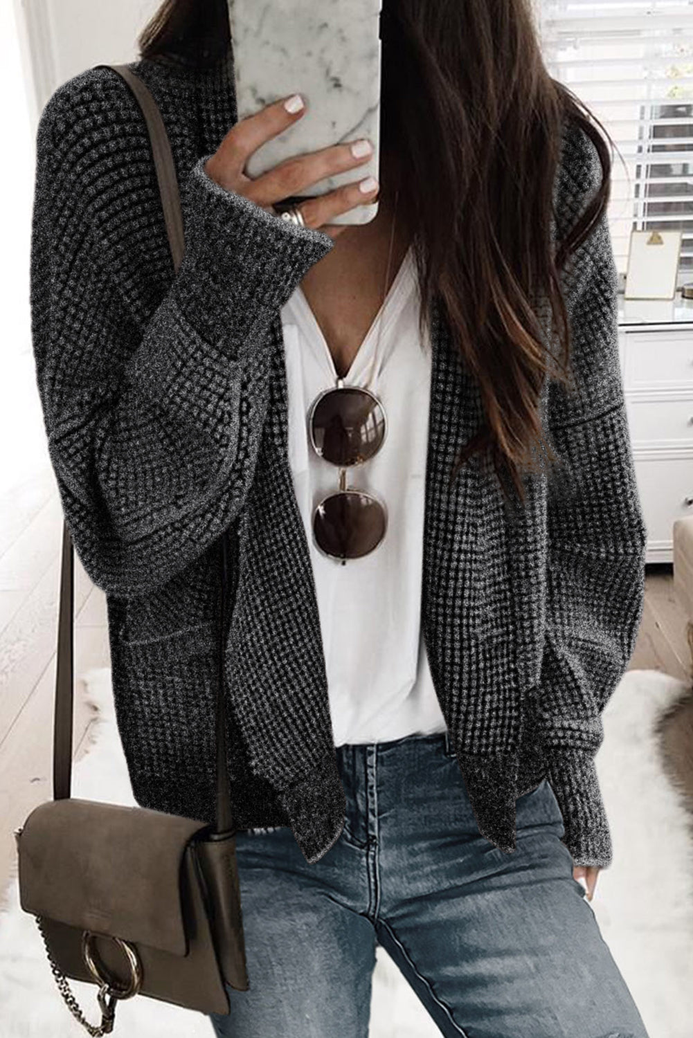 Black Chunky Waffle Knit Oversized Collar Cardigan