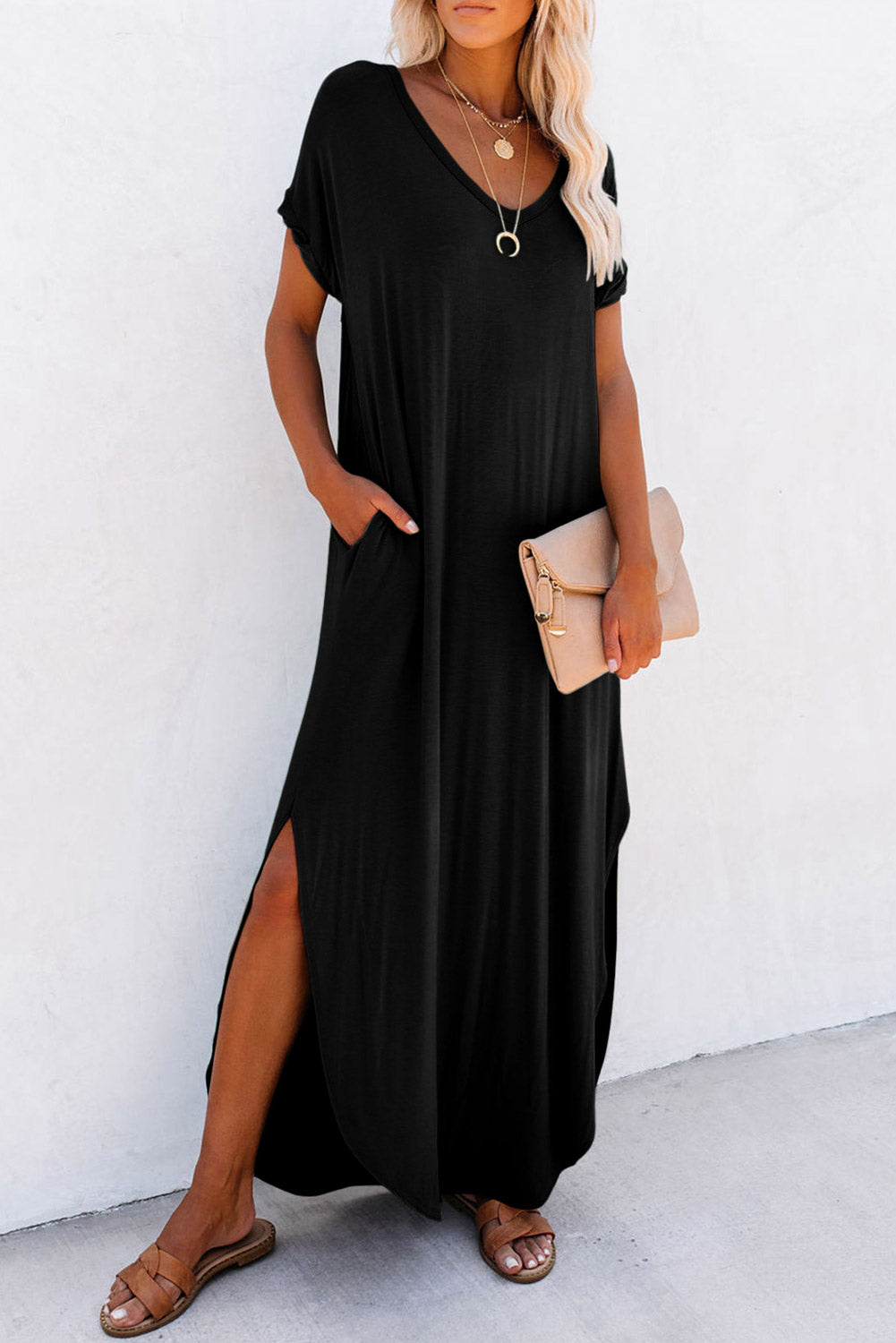 V Neck Hidden Pocket Splits Maxi Dress