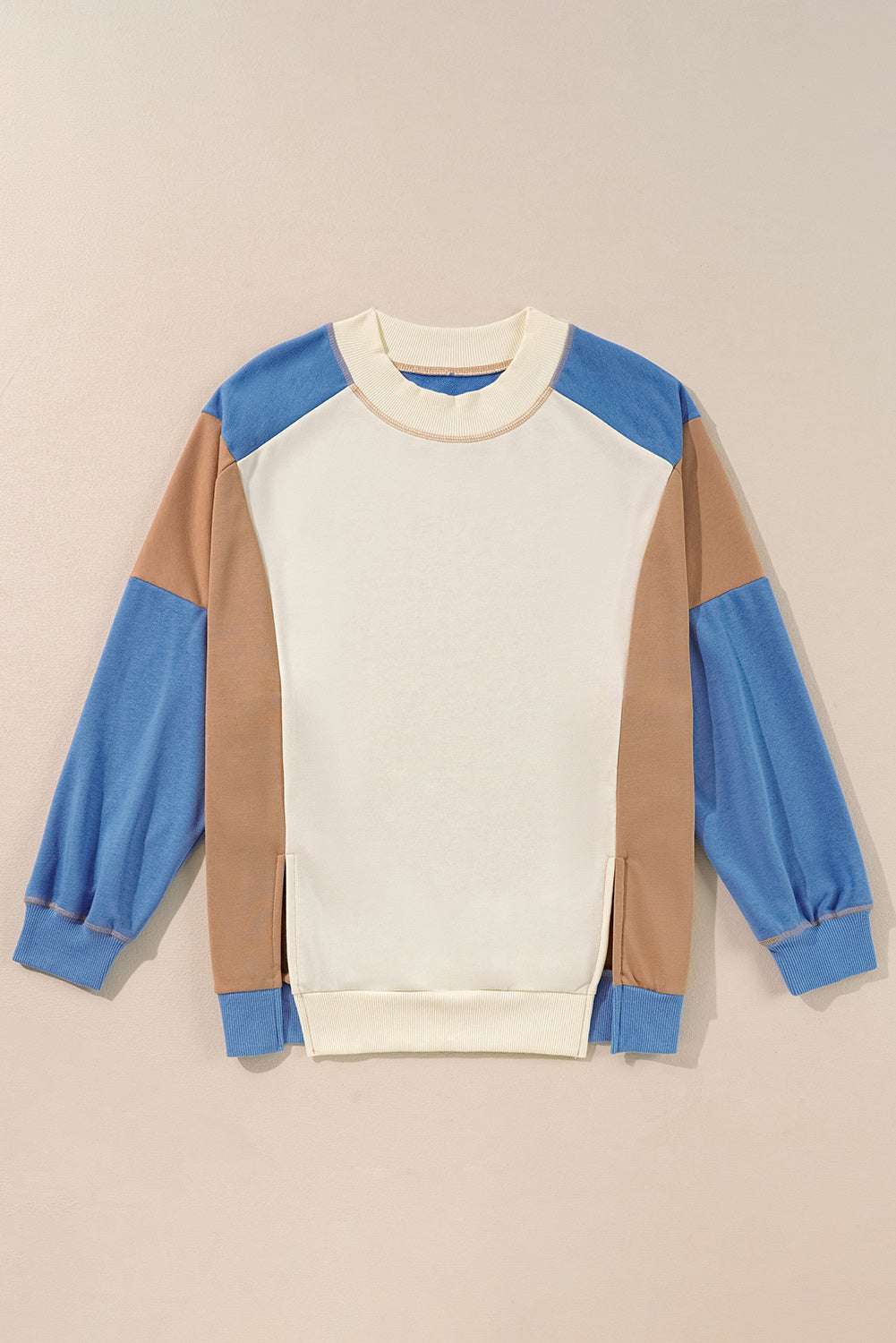 Sky Blue Ribbed Detail Color Block Sleeve Baggy Sweatshirt