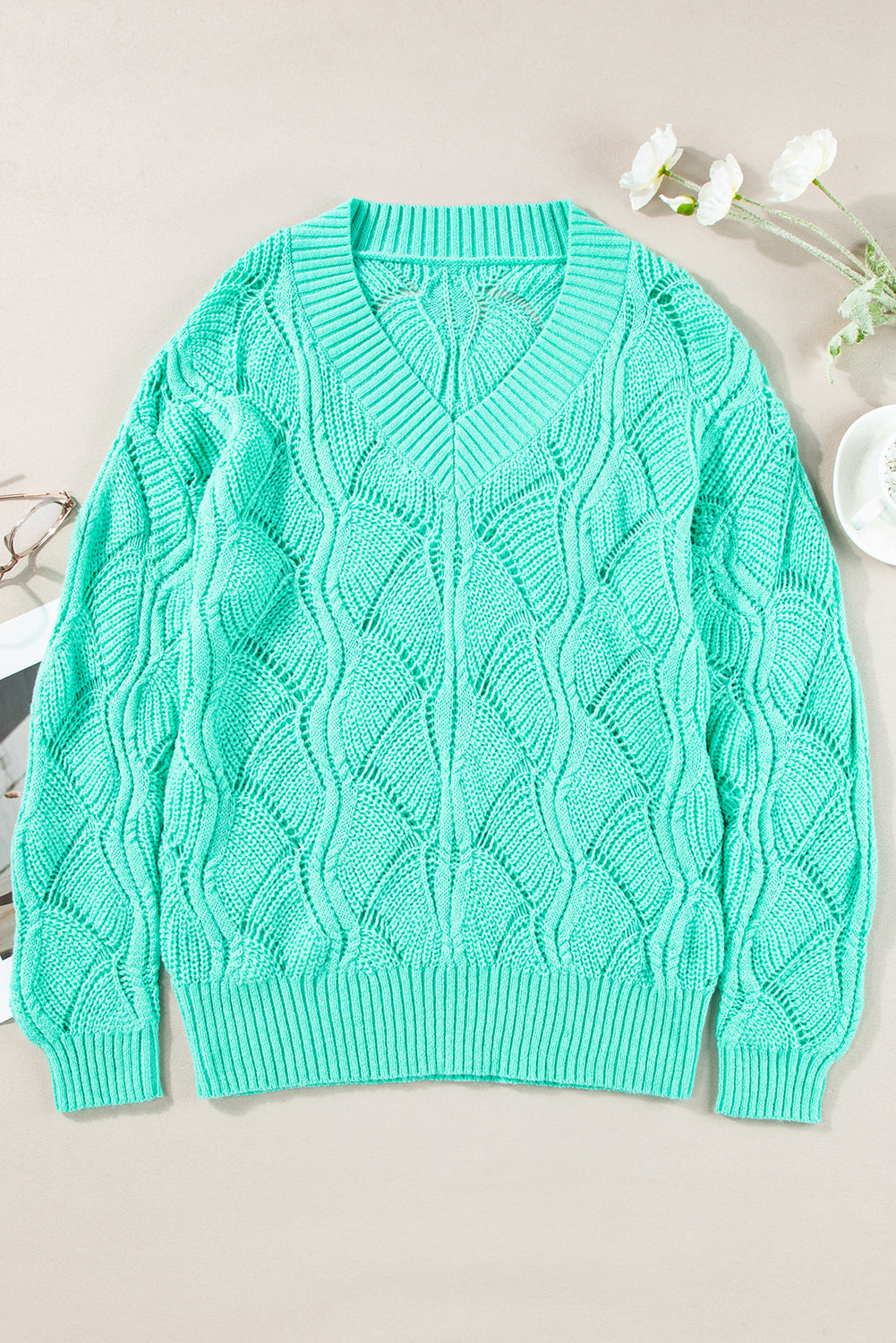 Hollow Out Knit V Neck Drop Shoulder Sweater