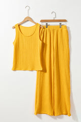 Yellow Crinkled U Neck Tank Top and Wide Leg Pants Set