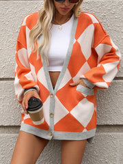 V-neck Rhombus Splicing Contrasting Color Loose Knitted Cardigan Jacket