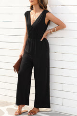 Women's Deep V Pleated Crisscross Wide Leg Backless Jumpsuit