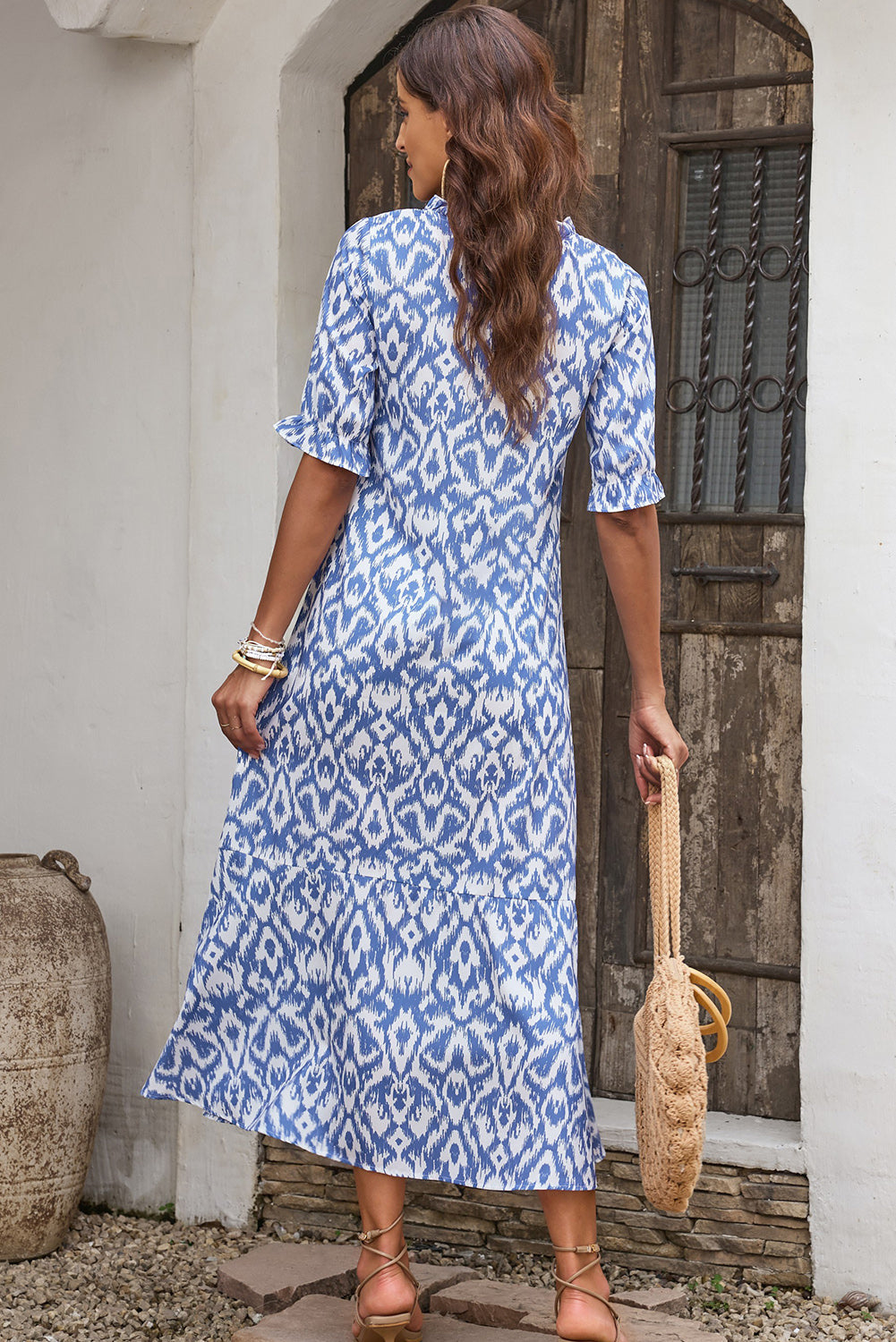 V Neck Casual Geometric Print Maxi Dress