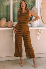 Brown Striped Sleeveless Wide Leg Jumpsuit