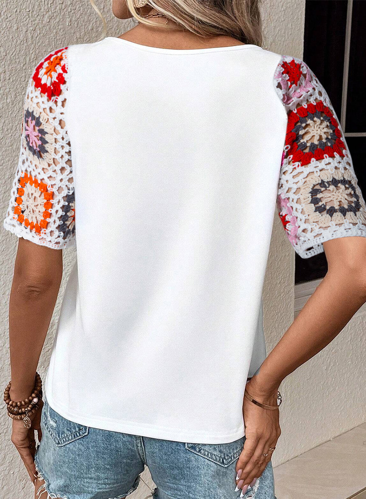 Casual Round Neck Half Sleeve Top Floral Crochet T Shirt