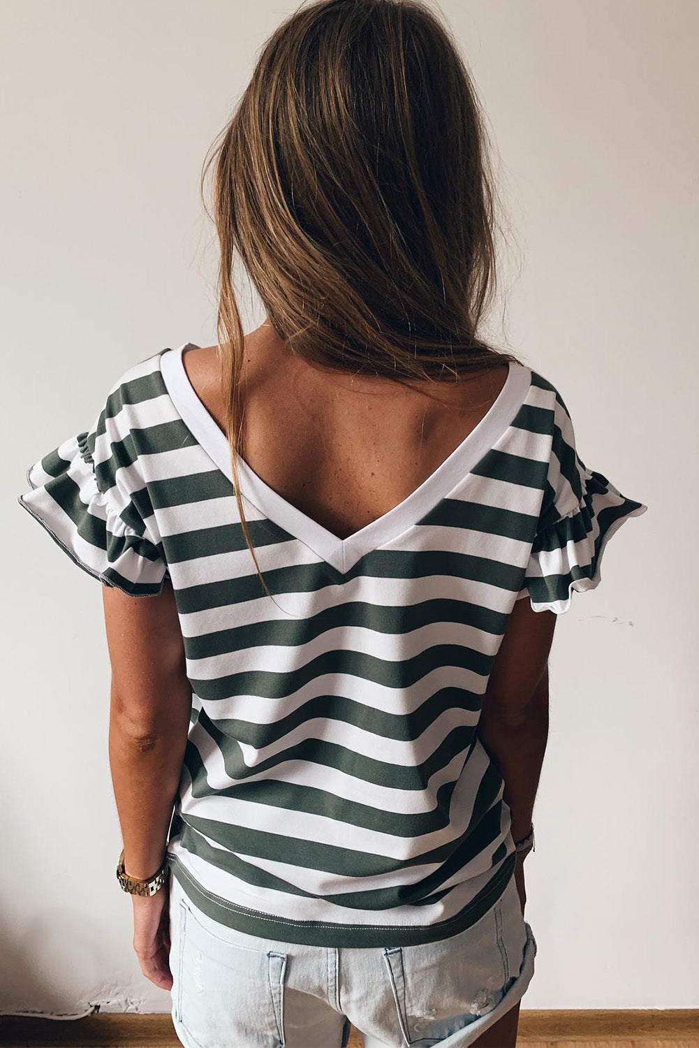 Women's Striped V Neck Ruffle Sleeve Top