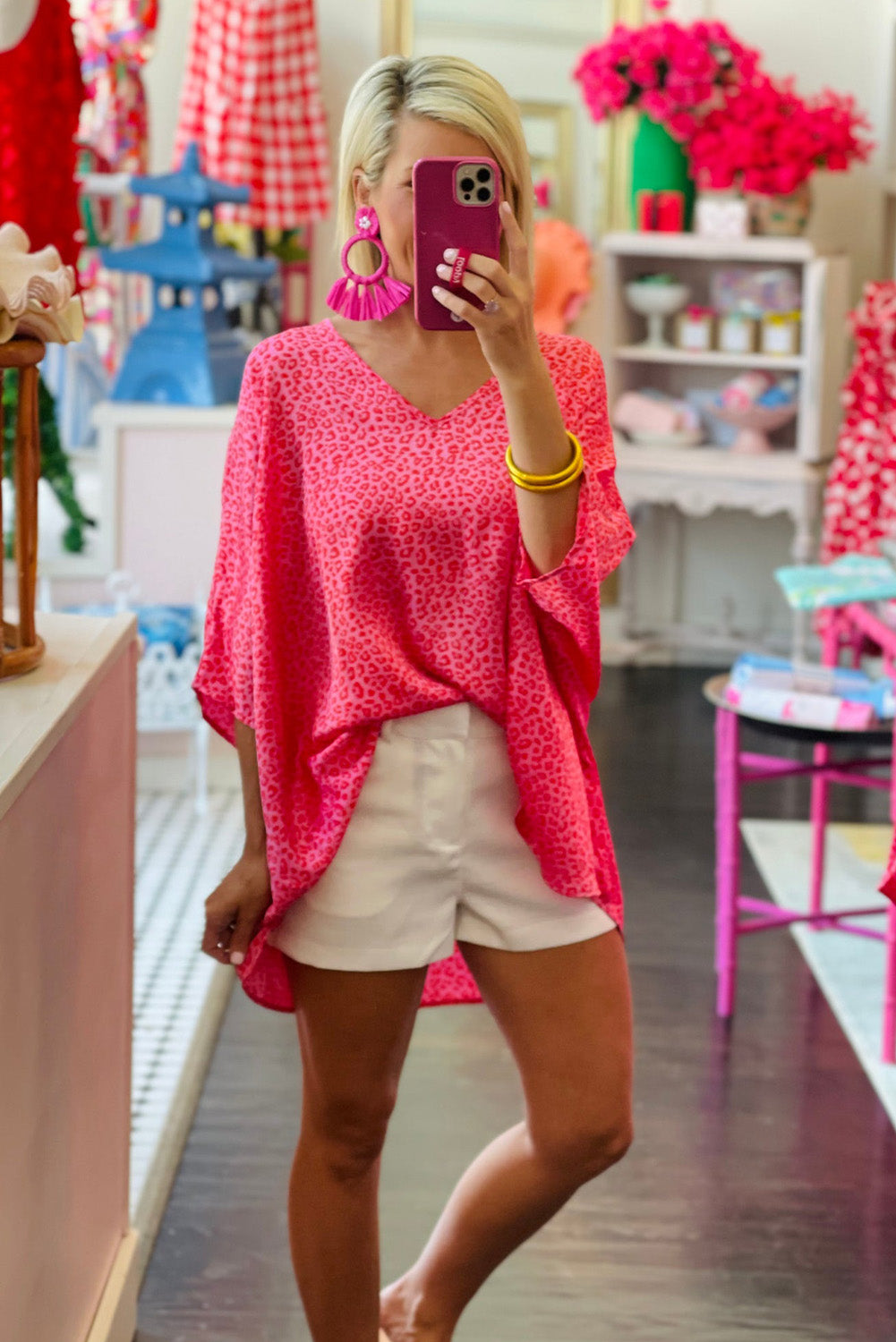 Rose Leopard Print Oversized Half Sleeve V Neck Top