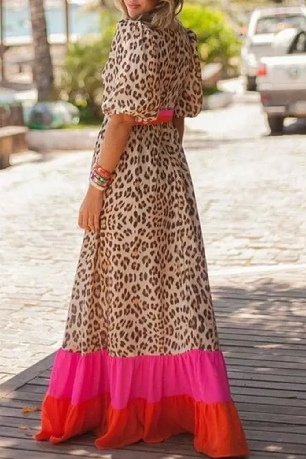 Leopard Colorblock Patchwork Bubble Sleeve Maxi Dress