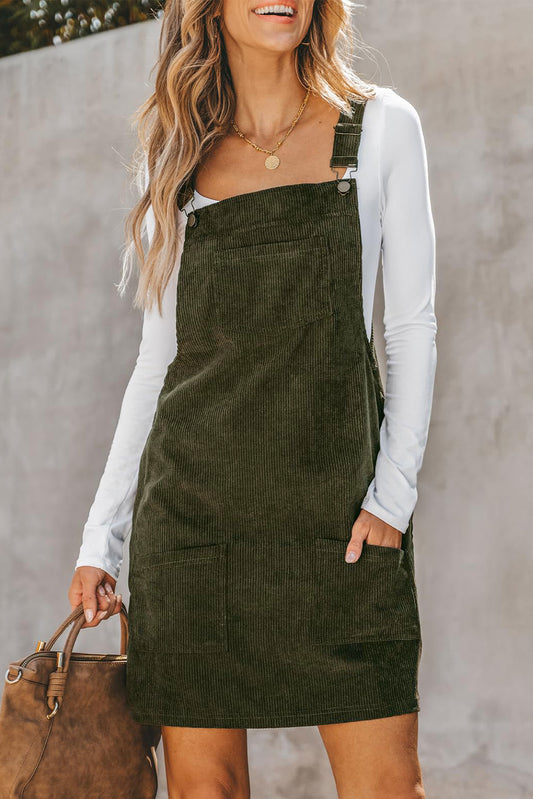 Solid Front Pockets Sleeveless Corduroy Overall Dress