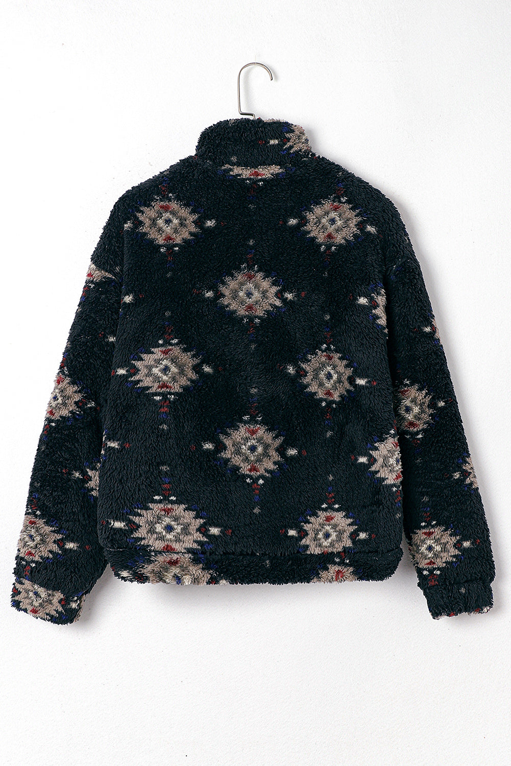 Black Aztec Pattern Zipper Collared Sherpa Jacket