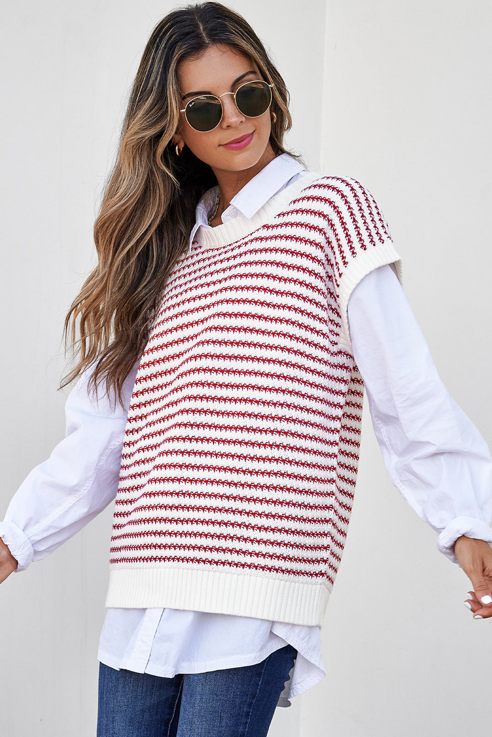 Stripe Ribbed Trim Loose Fit Knitted Sweater Vest