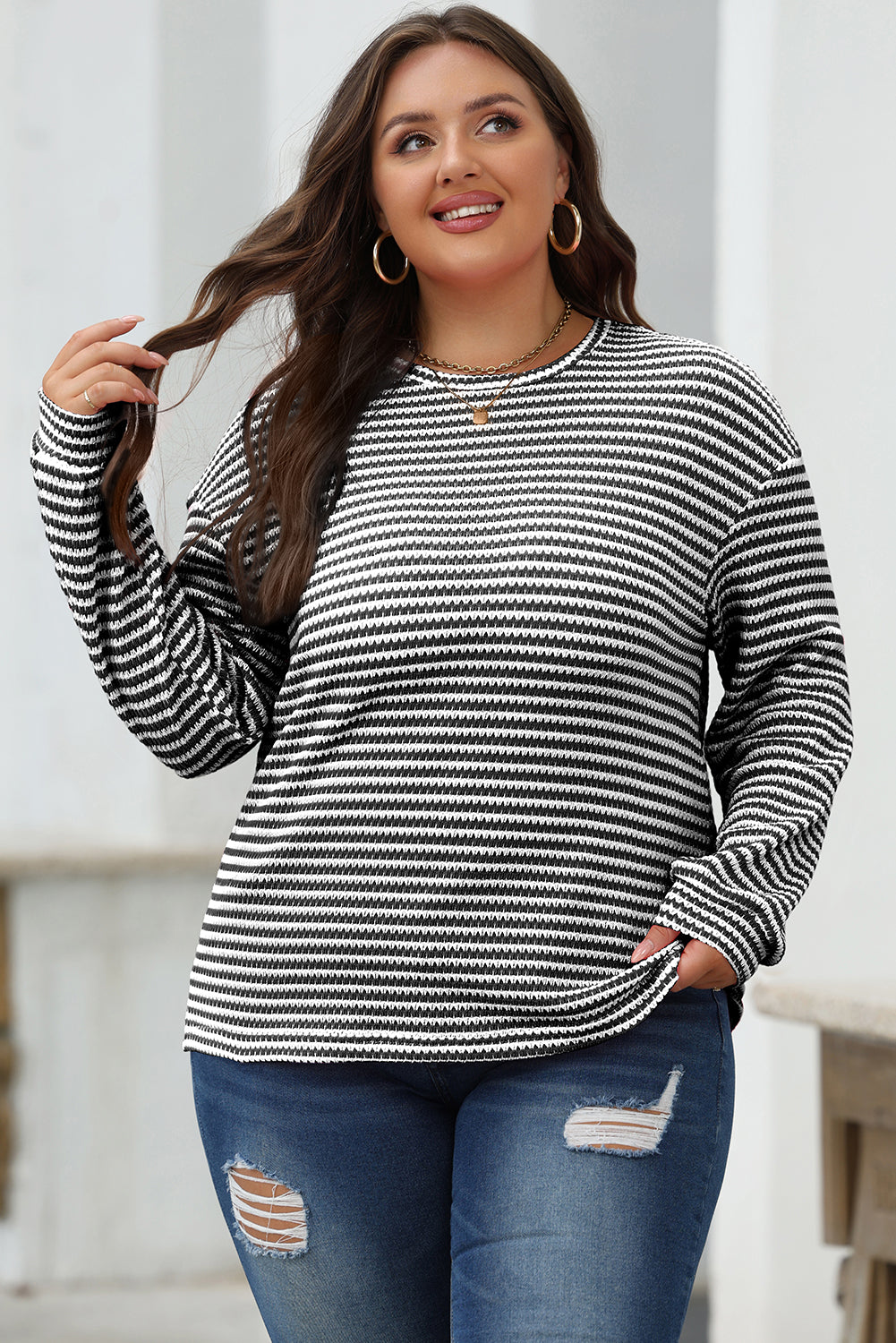 Stripe Round Neck Drop Shoulder Long Sleeve Top