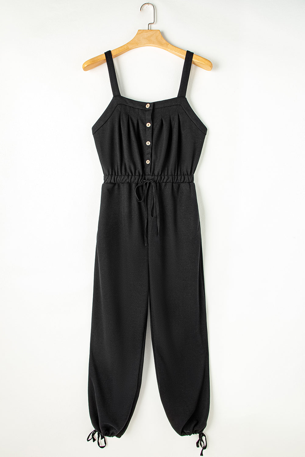 Women's Knotted Straps Button Textured Drawstring Jumpsuit