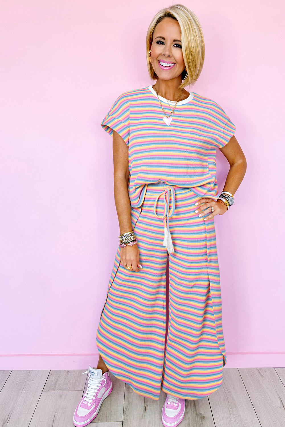 Rainbow Tee Tasseled String Wide Leg Pants Set