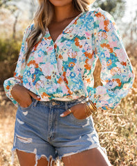 Sky Blue Floral Print Wrap Long Sleeve Bodysuit